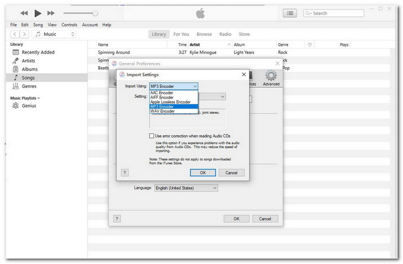 iTunes นำเข้าตัวเข้ารหัส MP3