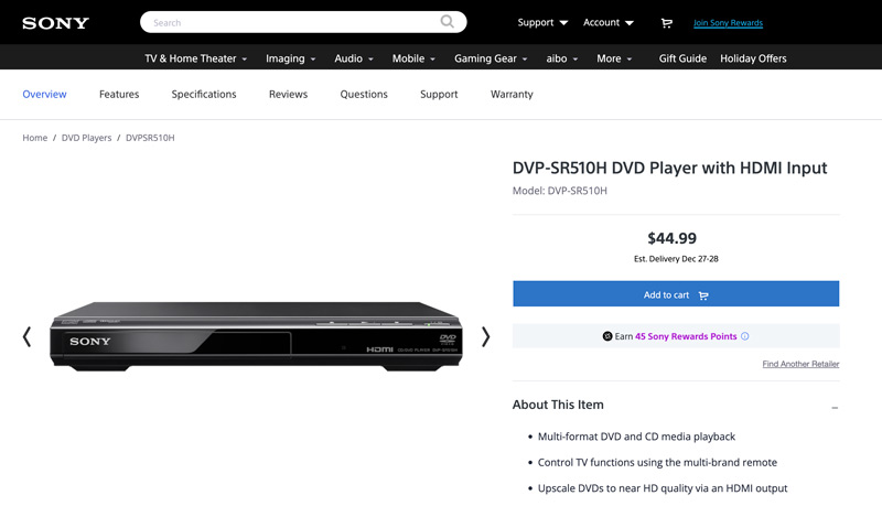 Reproductor de DVD Sony DVPSR510H