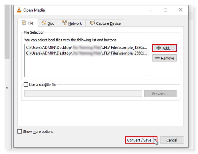 VLC Konverter Tilføj filer
