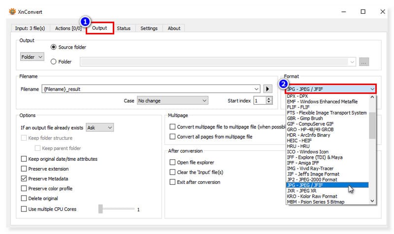 XConvert Vælg outputformat