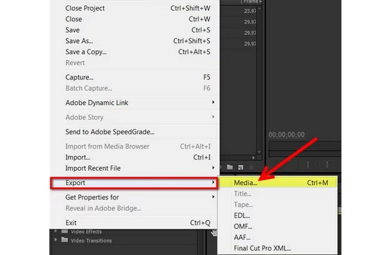 Adobe Premiere Válassza az Exportálás lehetőséget