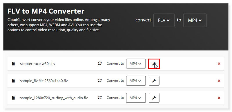 Přednastavená nastavení Cloudconvert FLV