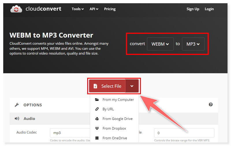 CloudConvert Выберите файлы WebM