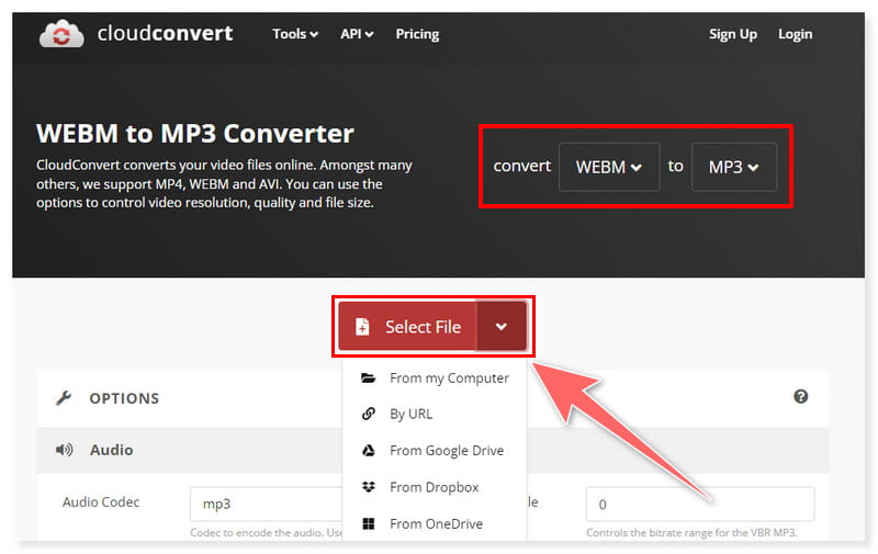 CloudConvert حدد ملفات WebM