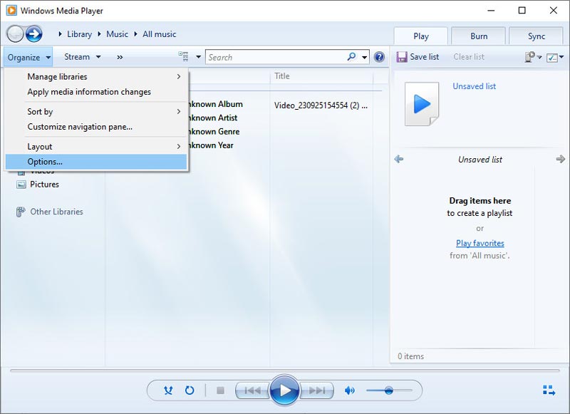 פתח את Windows Media Player