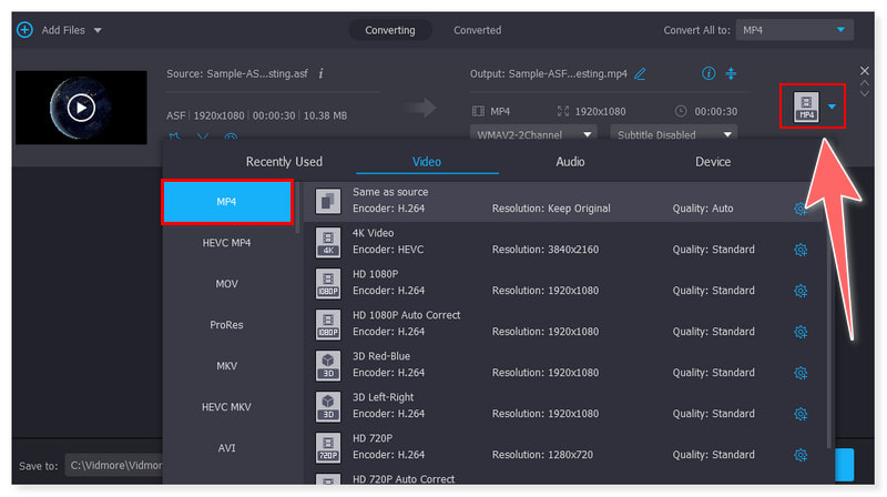 Vidmore Seleziona il formato di output ASF