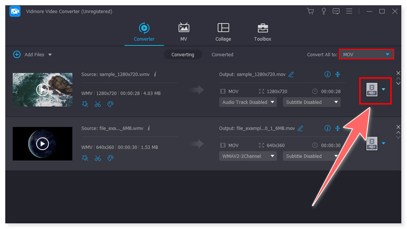 Vidmore Select MOV Output Format