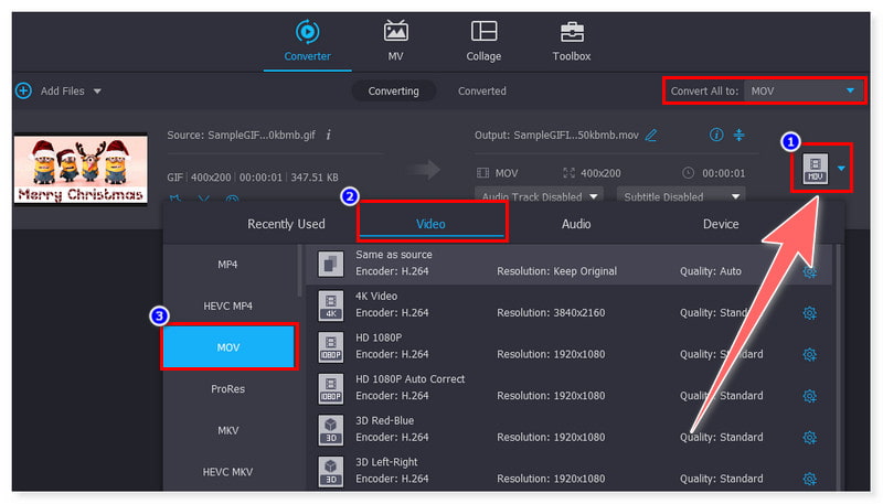 Vidmore Select MOV Output Format