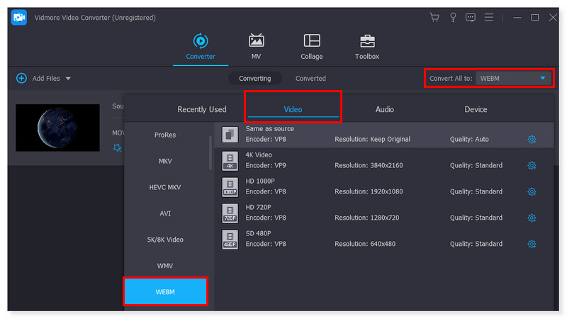 Vidmore Select WEBM Output Format