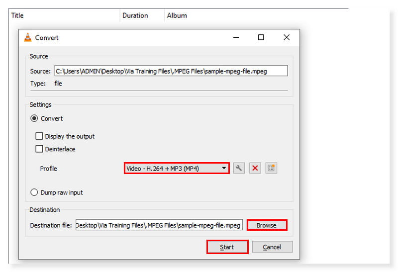 VLC Seleziona il formato di output