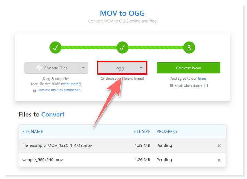 Zamzar Set OGG Output Format