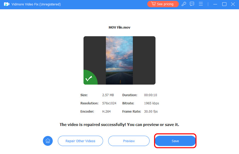 Guardar vídeo reparado Vidmore