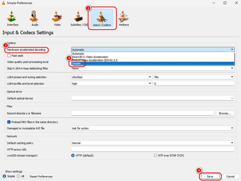 Deshabilitar el hardware de Vlc