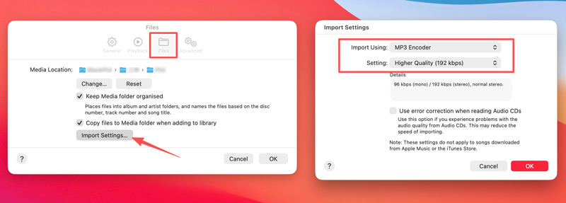 Configurações de importação do Apple Music no Mac