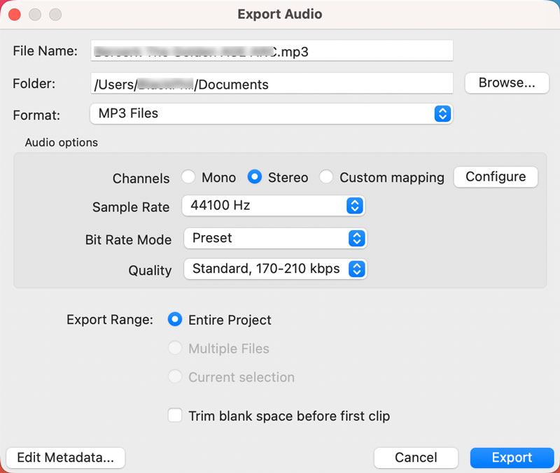 Exportar áudio para MP3 no Audacity para Mac