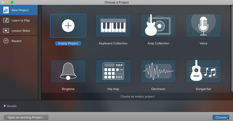 Garageband Opprett et nytt prosjekt