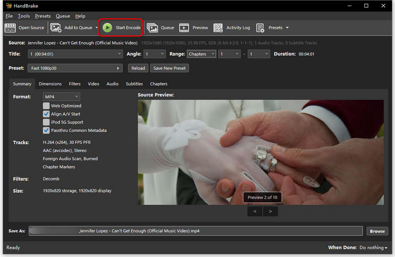 Salva MP4 Handbrake tagliato