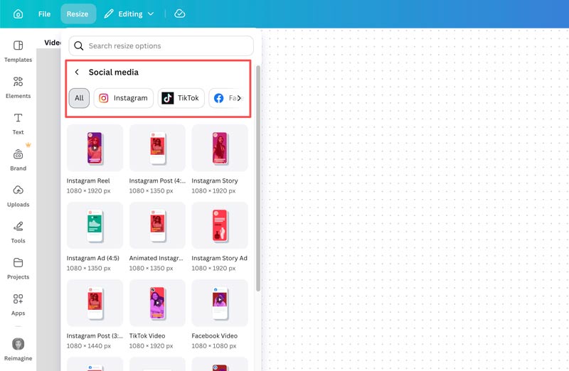 Canva Video Resizer online közösségi médiához