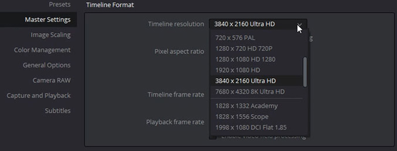 Davinci Resolve Videó átméretezése Idővonal felbontásának módosítása