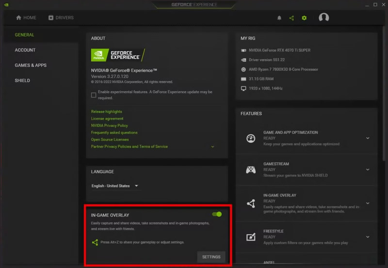 הפעלת שכבת-על במשחק של אפליקציית Nvidia Shadowplay