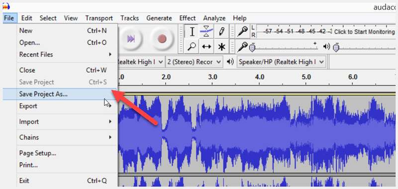 Audacity Αποθήκευση εγγεγραμμένου ήχου