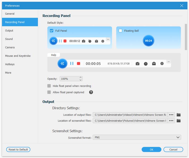 Panel preferences