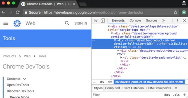 Készítsen képernyőképet a Google Chrome Element Inspectorból