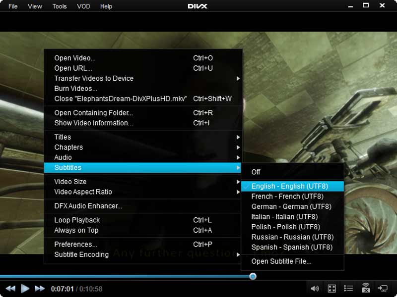 Advanced settings for divx player