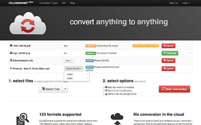 Interfaz de Cloudconvert