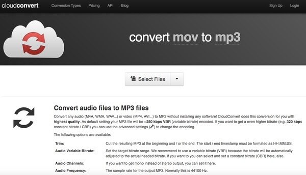 Muunna MOV MP3 Cloudconvertiksi