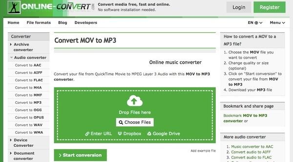 Pretvori MOV u MP3 Online Pretvori