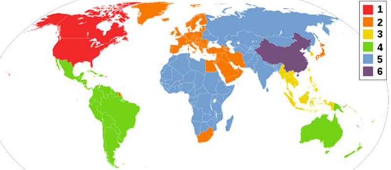 Kaart met dvd-regiocodes