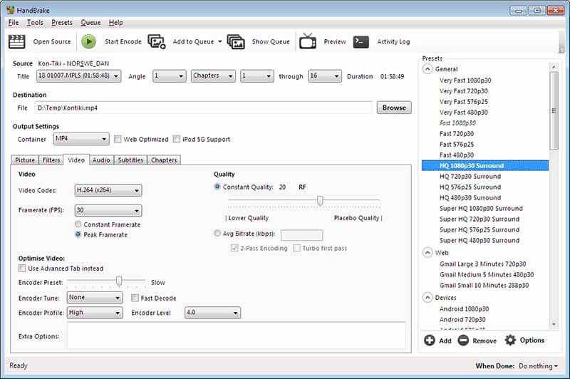 Handbrake HD video converter