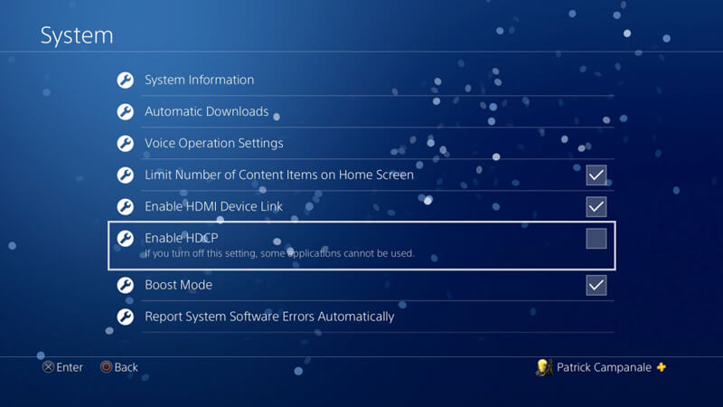 Strumień PS4 Wyłącz HDCP