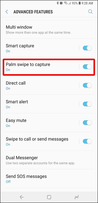 Trun på Palm Swipe for å fange