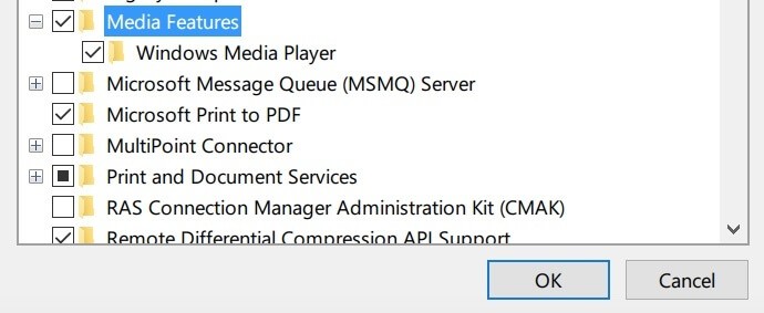Снимите флажок Windows Media Player