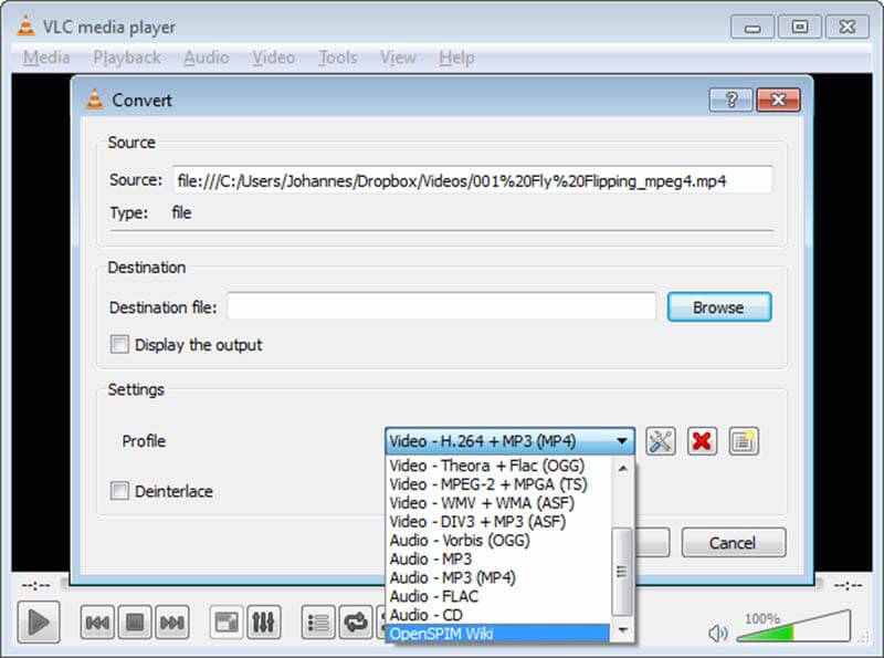 VLC converti profilul