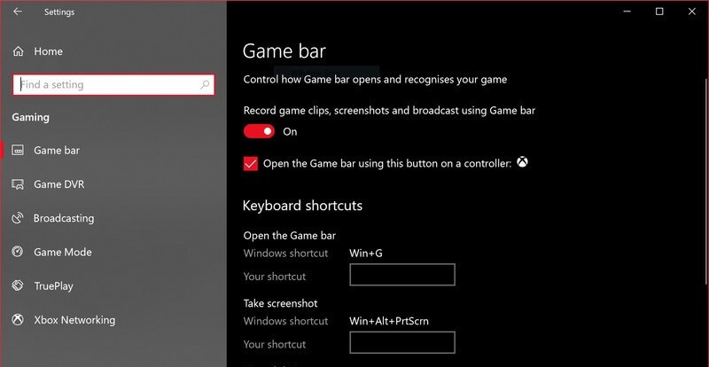 Windows 10-menyn i spelfältet