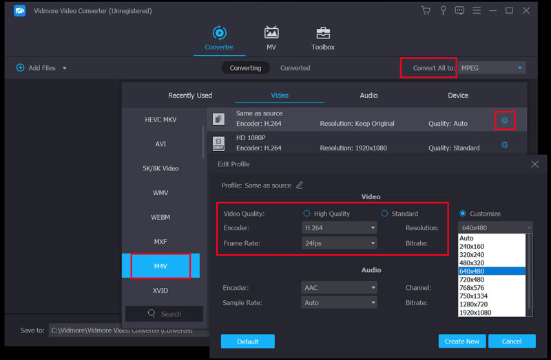 Tilpasset output M4V-format