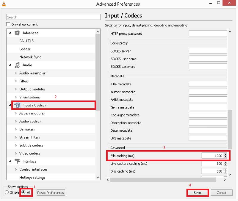 Wijzig VLC File Caching